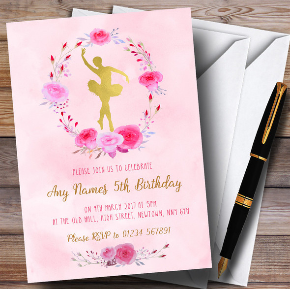 Pink Watercolour Ballerina Ballet Children's Birthday Party Invitations