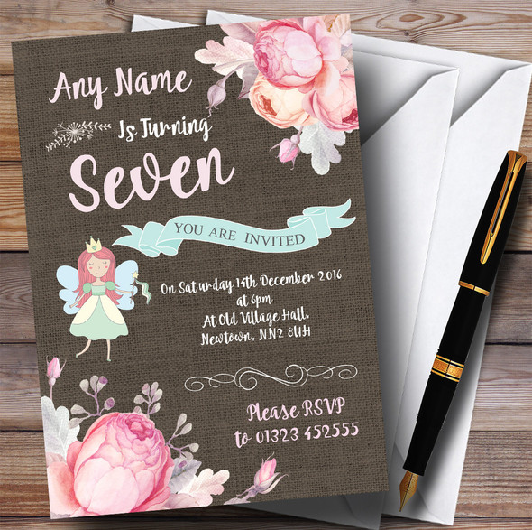 Pretty Floral Burlap Fairy Children's Birthday Party Invitations