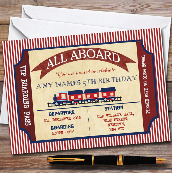 Red & Blue Boarding Pass Train Children's Birthday Party Invitations