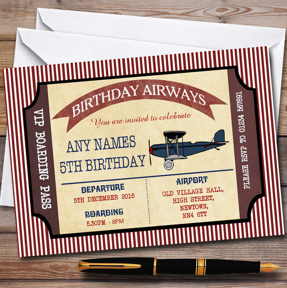 Red Boarding Pass Plane Children's Birthday Party Invitations