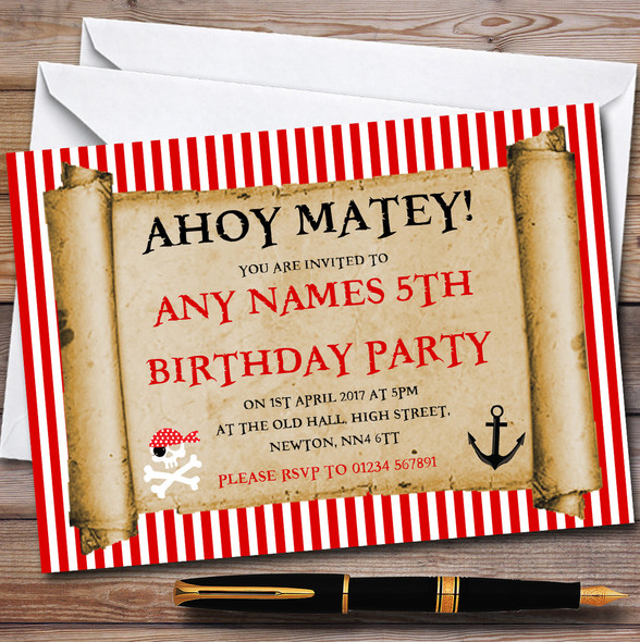 Red Stripes Pirate Scroll Children's Birthday Party Invitations