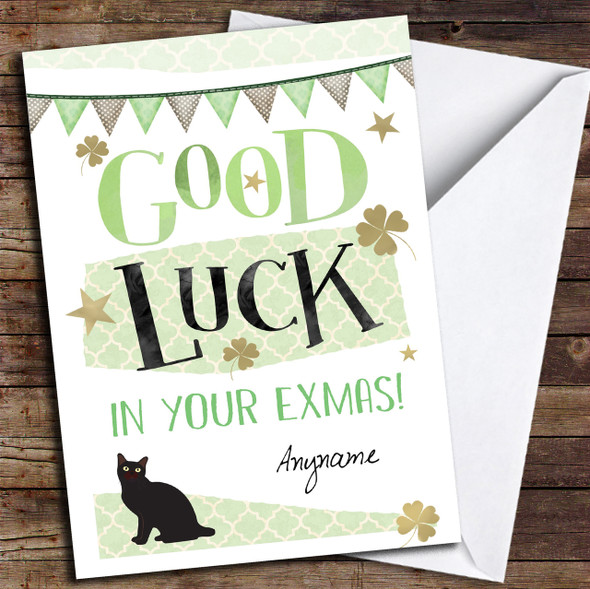 Black Cat Clover Exams Customised Good Luck Card
