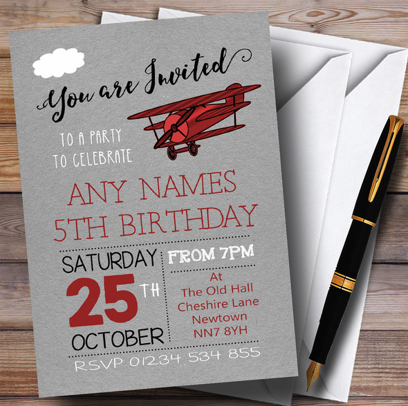 Red Vintage Aeroplane Cloud Children's Birthday Party Invitations