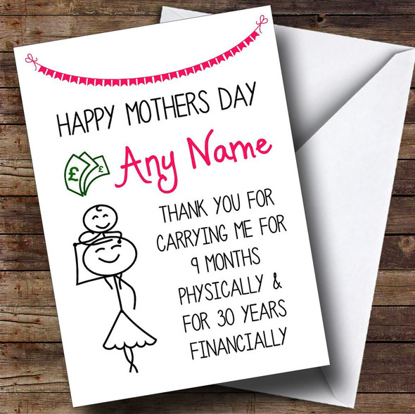 Funny Carried Me Financially Customised Mothers Day Card