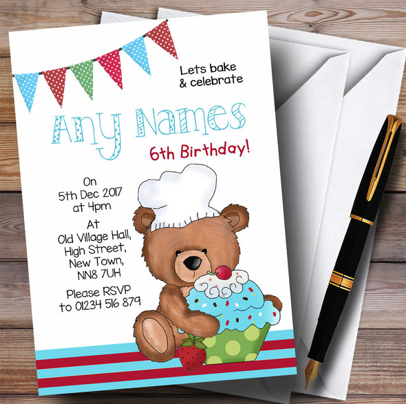 Blue & Red Bear Baking Children's Birthday Party Invitations