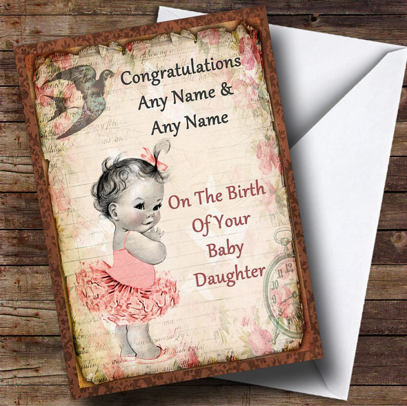 Vintage Baby Girl Customised New Baby Card