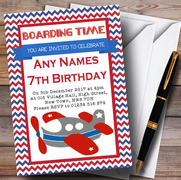 Blue & Red Chevrons Plane Children's Birthday Party Invitations