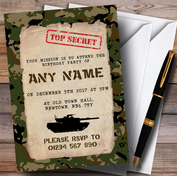 Top Secret Army Soldier Camouflage Children's Birthday Party Invitations