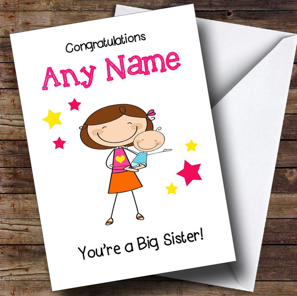 Dark Haired Big Sister New Baby Boy Brother Customised Sibling Card