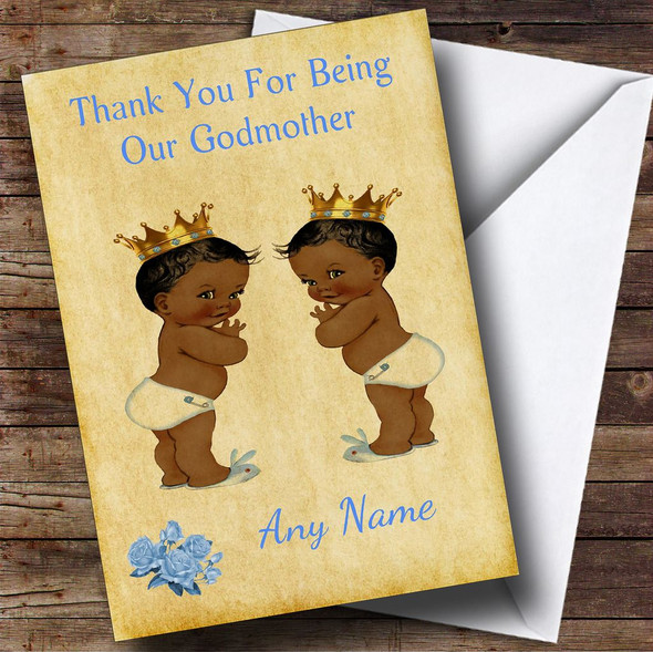 Twin Baby Black Boys Godmother Customised Thank You Card