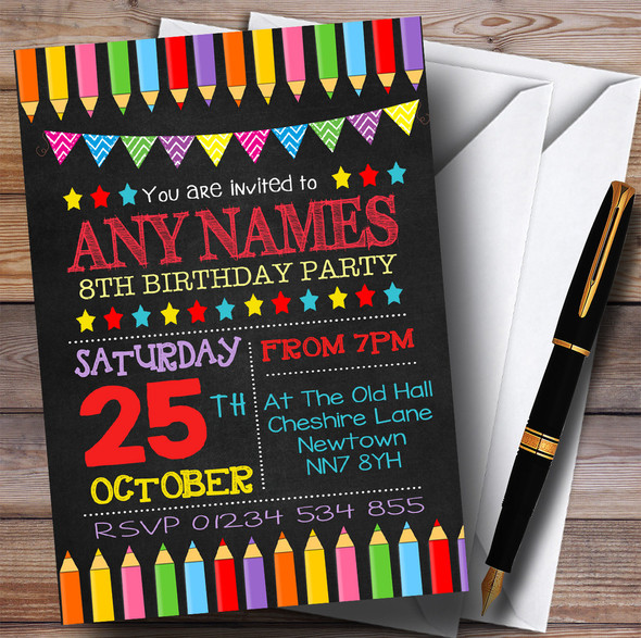 Art Craft Pencils Chalk Style Children's Birthday Party Invitations