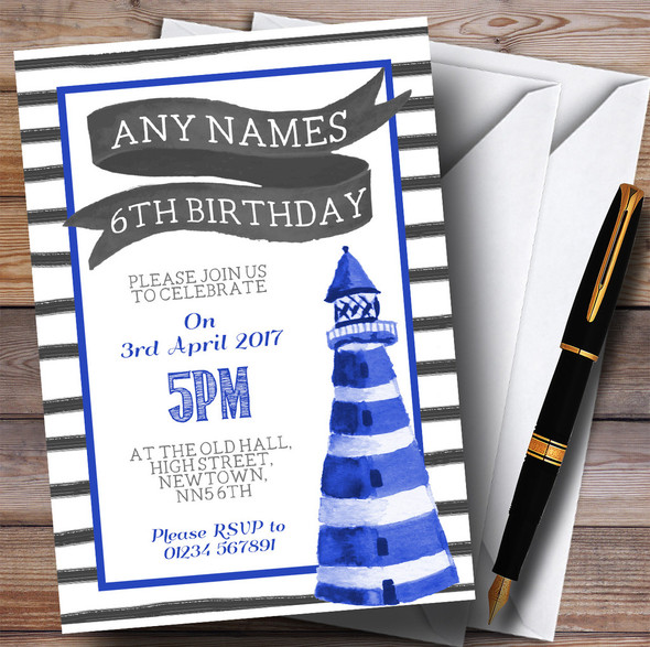 Blue & White Nautical Lighthouse Children's Birthday Party Invitations