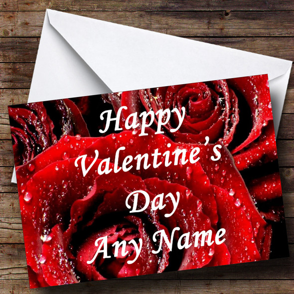 Wet Red Rose Romantic Customised Valentine's Card