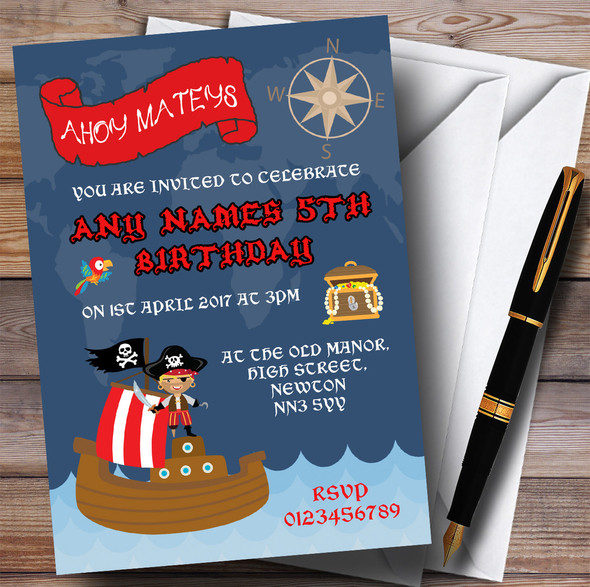 Blue Pirate Ship Boys Children's Birthday Party Invitations