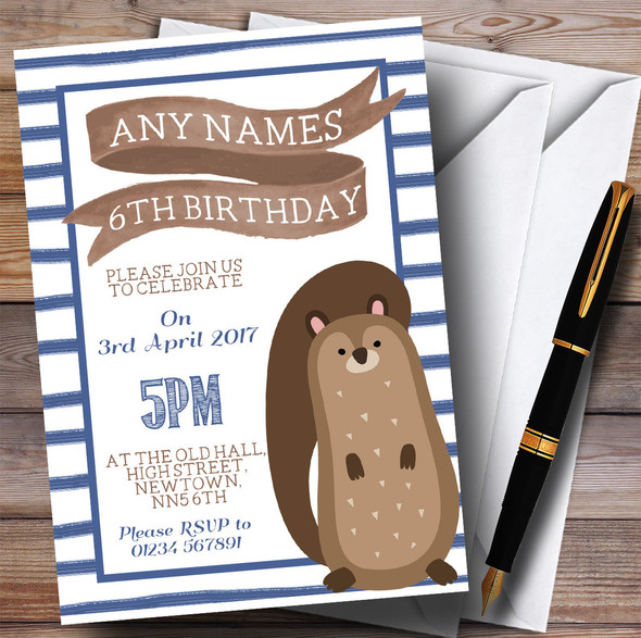 Blue Stripes Squirrel Children's Birthday Party Invitations