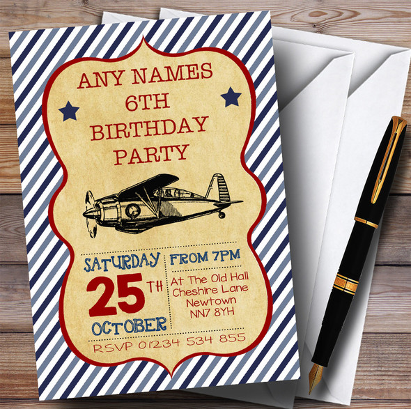 Blue Stripes Vintage Plane Children's Birthday Party Invitations
