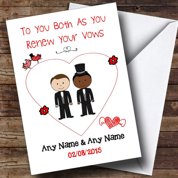 Cute Doodle Gay Male White Black Couple Customised Renewal Of Vows Card