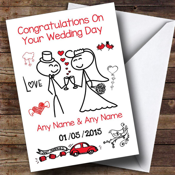 Doodle Toasting Couple Customised Wedding Card