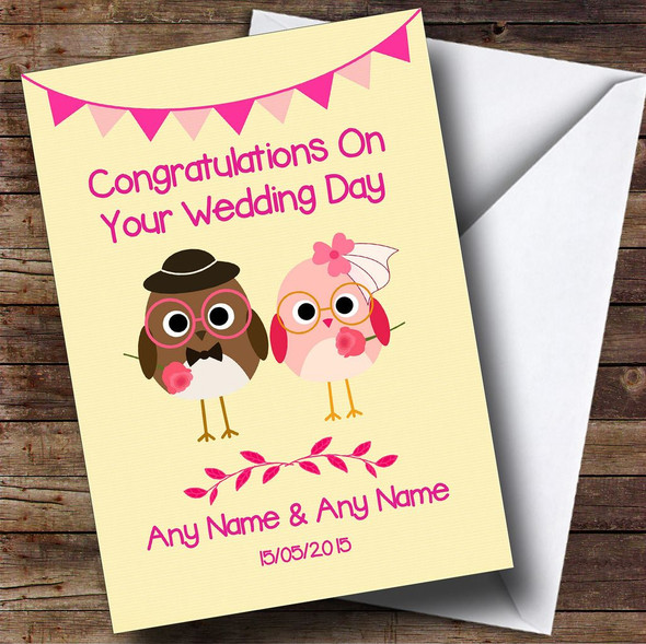 Cute Pink & Yellow Owls Customised Wedding Card