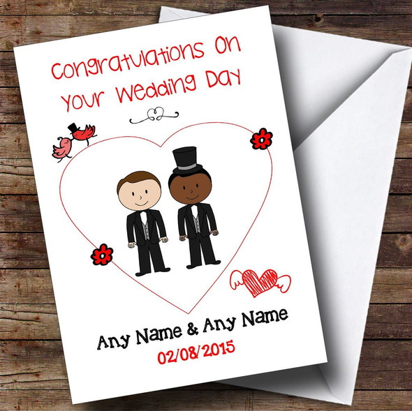 Cute Doodle Gay Male White Black Couple Customised Wedding Card