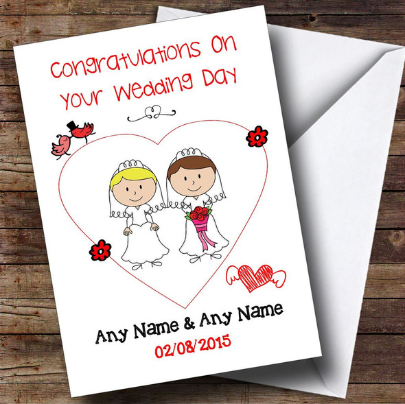 Cute Doodle Gay Lesbian Female Couple Blonde Brunette Customised Wedding Card