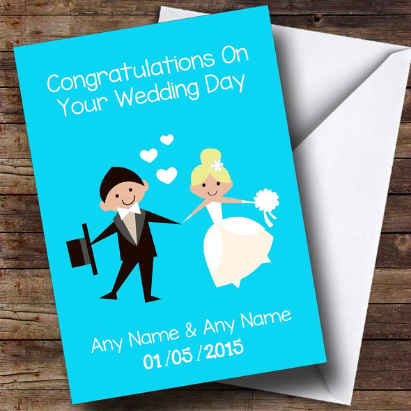 Aqua Blue Blonde Bride Doodle Customised Wedding Card