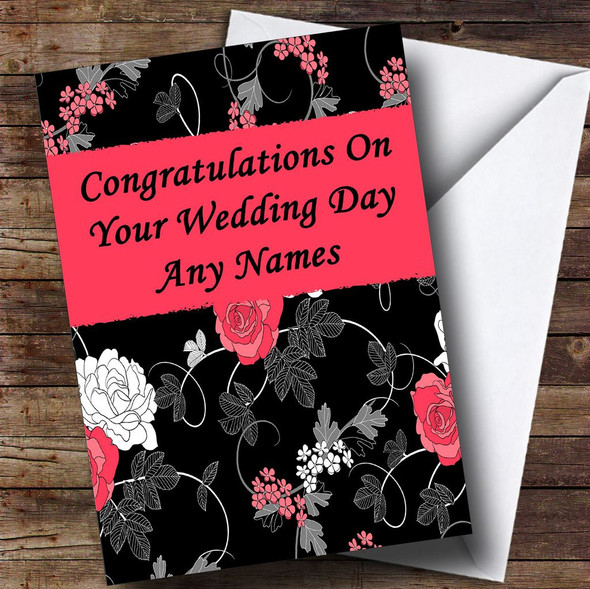 Pretty Black Vintage Floral Customised Wedding Day Card