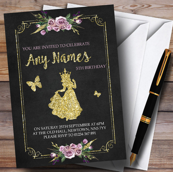 Chalk & Gold Floral Princess Children's Birthday Party Invitations