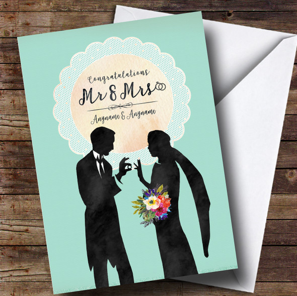 Mr & Mrs Mint Lace Silhouette Wedding Day Customised Card