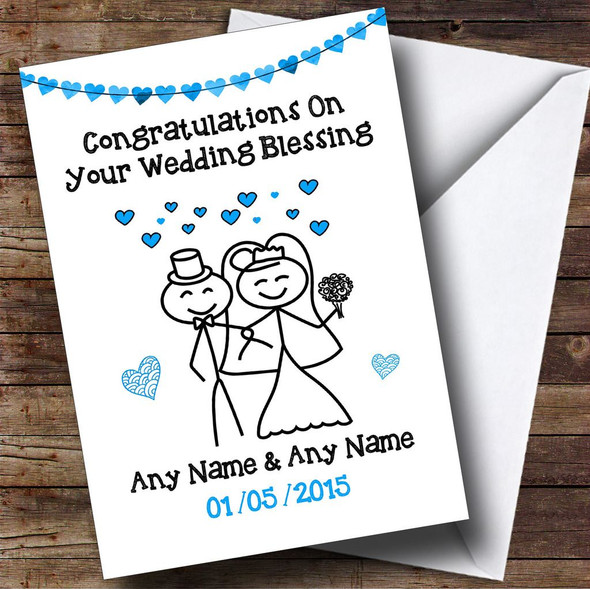 Doodle Happy Couple Blue Customised Wedding Blessing Card