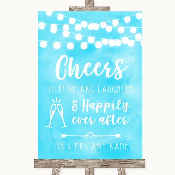 Aqua Sky Blue Watercolour Lights Cheers To Love Customised Wedding Sign