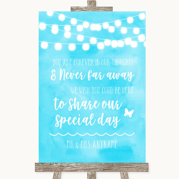 Aqua Sky Blue Watercolour Lights In Our Thoughts Customised Wedding Sign