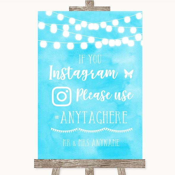 Aqua Sky Blue Watercolour Lights Instagram Hashtag Customised Wedding Sign