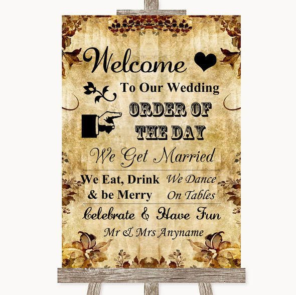 Autumn Vintage Welcome Order Of The Day Customised Wedding Sign