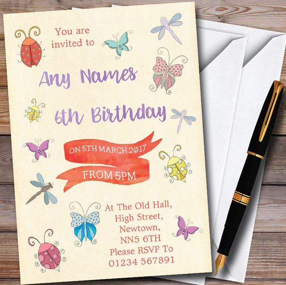 Girls Bugs & Insects Customised Children's Party Invitations