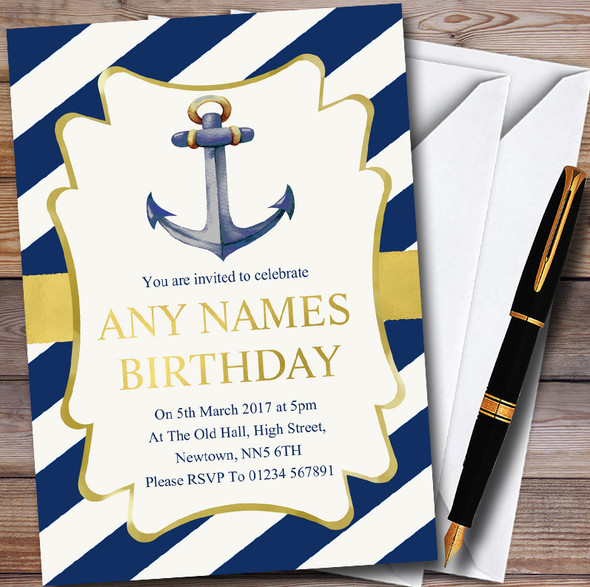 Gold & Blue Nautical Anchor Customised Children's Party Invitations