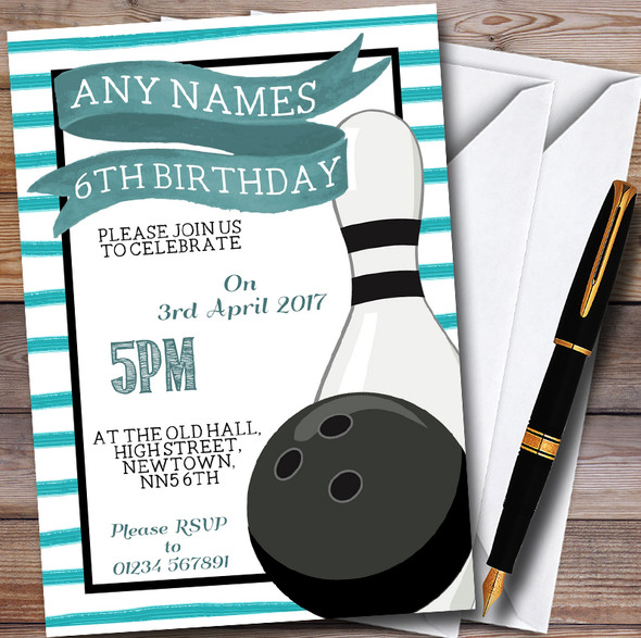 Green Stripe Bowling Ball & Pin Customised Children's Party Invitations