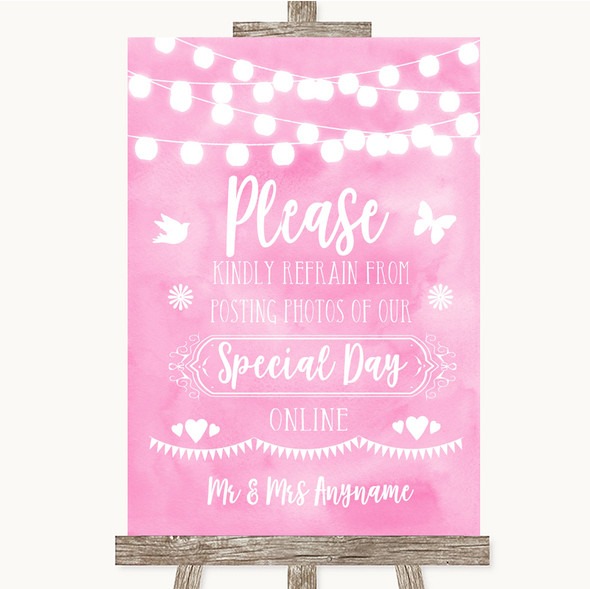 Baby Pink Watercolour Lights Don't Post Photos Online Social Media Wedding Sign