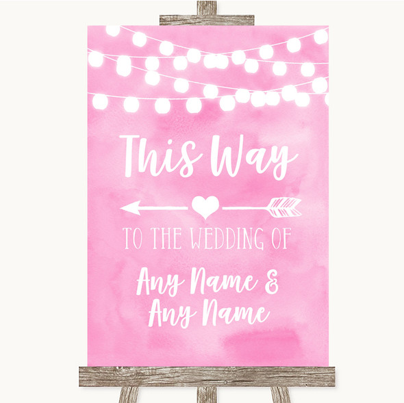 Baby Pink Watercolour Lights This Way Arrow Left Customised Wedding Sign