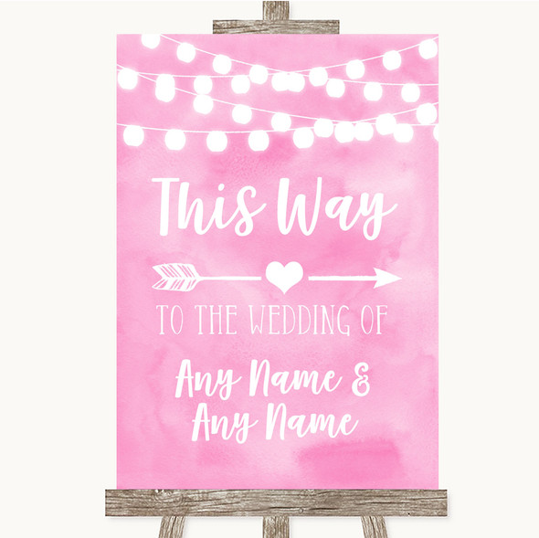 Baby Pink Watercolour Lights This Way Arrow Right Customised Wedding Sign