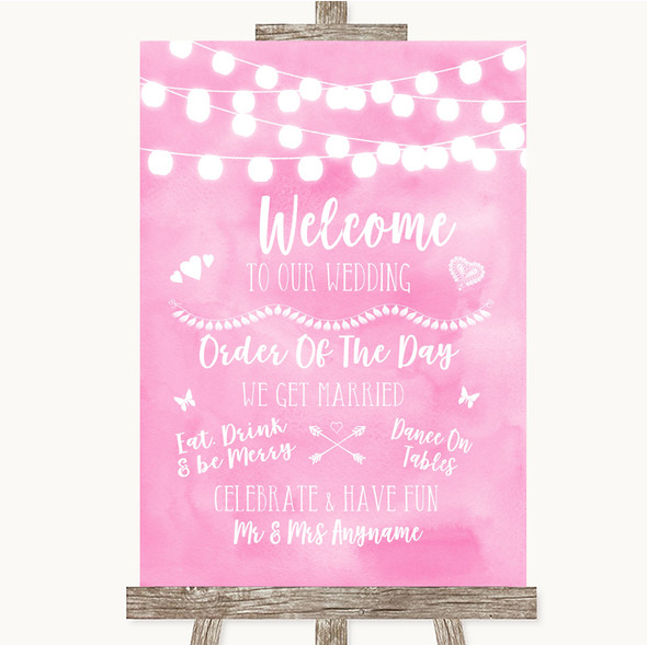 Baby Pink Watercolour Lights Welcome Order Of The Day Customised Wedding Sign