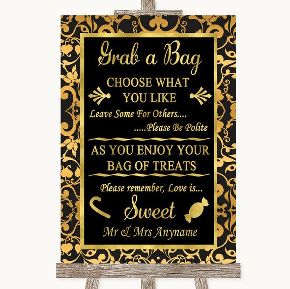 Black & Gold Damask Grab A Bag Candy Buffet Cart Sweets Wedding Sign