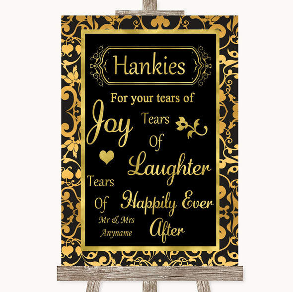 Black & Gold Damask Hankies And Tissues Customised Wedding Sign