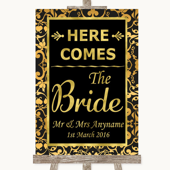 Black & Gold Damask Here Comes Bride Aisle Sign Customised Wedding Sign