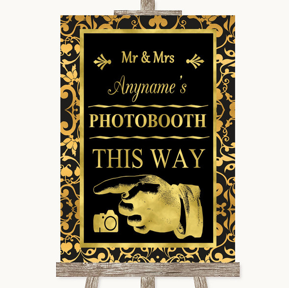 Black & Gold Damask Photobooth This Way Left Customised Wedding Sign