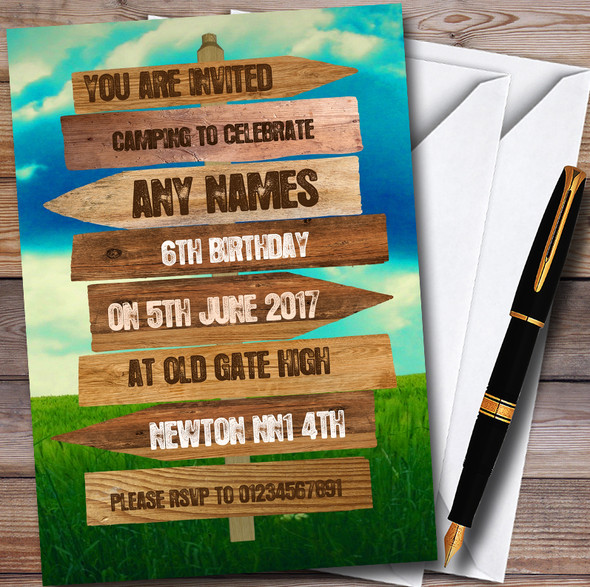 Rustic Wooden Signpost Camping Customised Children's Party Invitations