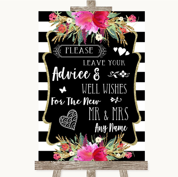 Black & White Stripes Pink Guestbook Advice & Wishes Mr & Mrs Wedding Sign