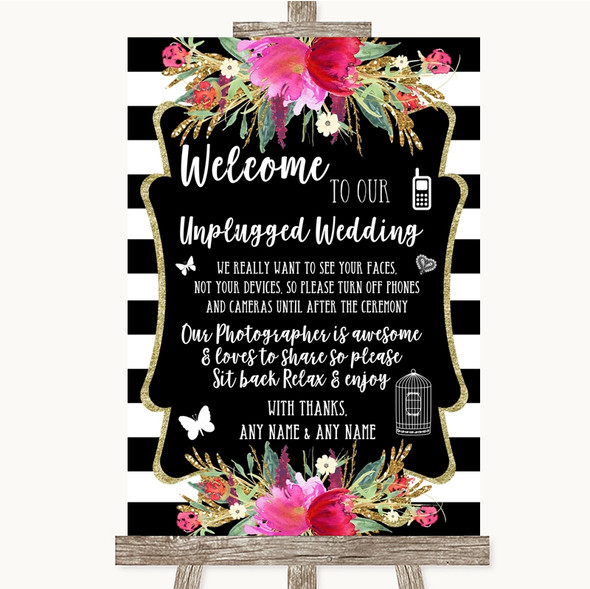 Black & White Stripes Pink No Phone Camera Unplugged Customised Wedding Sign