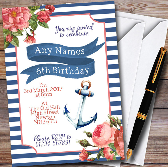 Vintage Floral Nautical Customised Children's Party Invitations