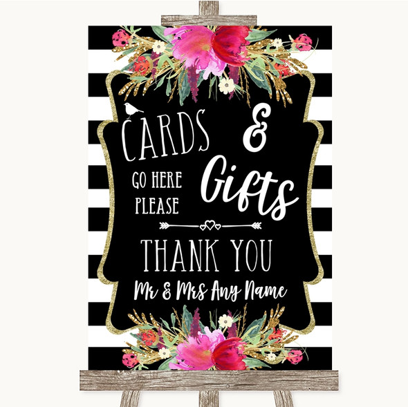 Black & White Stripes Pink Cards & Gifts Table Customised Wedding Sign